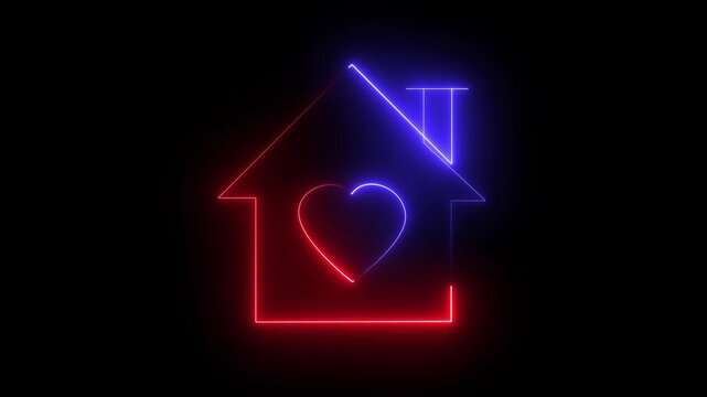 Neon smart home icon with heart symbol representing love, care, security, comfort, and modern digital housing concept on dark background.