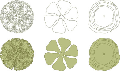 Top-down views of various trees and floral designs, showcasing different styles and patterns