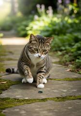 Cat sitting outdoors staring curiously at an insect on a stone path. Natural light
