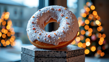 Festive Donut Speckled Platform with Warm Holiday Lights