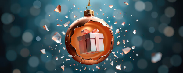 Festive Orange Ornament with Gift Inside and Sparkling Accents