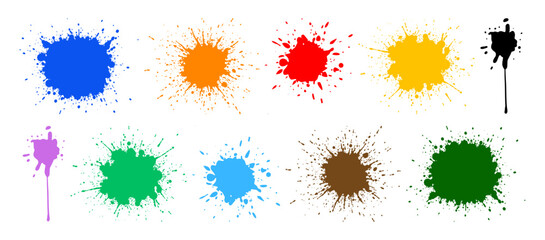 Colorful paint splatters in various hues on