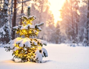 Illuminated small fir tree in snowy forest with sunlight