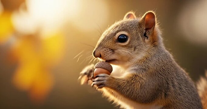 Close-up of a squirrel foraging among autumn leaves in a serene natural setting