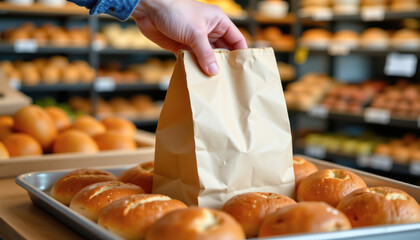 Hand Reaching for Fresh Baked Bread Rolls Bakery Scene