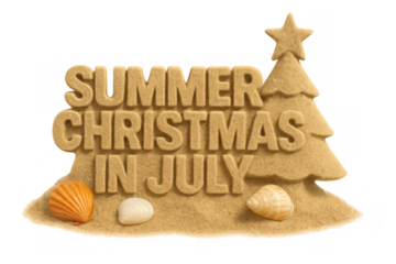 Summer christmas in july text on sand, displaying a creative festive beach holiday concept with seashells and a tree shape
