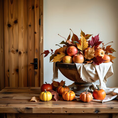 Cozy Autumn Harvest Scene with Apples and Gourds