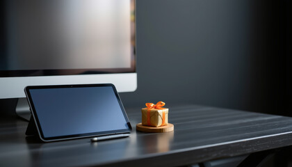 Minimalist Modern Workspace with Tablet and Gift Box