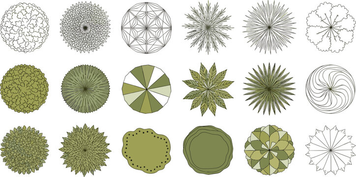 Comprehensive collection of diverse tree and plant symbols presented in top-down view, essential for architectural, urban, and landscape design planning and visualization projects
