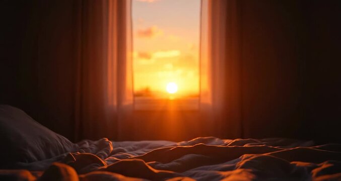 A cozy bedroom bathed in the warm golden light of a sunrise seen through the window, with rumpled sheets on the bed.