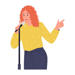 Illustration of Woman Singing into a Microphone. Person Engaging in Music, Performance, and Vocal Hobbies or Profession