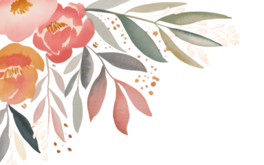 Watercolor floral arrangement with delicate leaves and blossoms isolated on transparent background