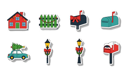 Naklejka premium Set of house fence mailbox street lamp and vehicle icons