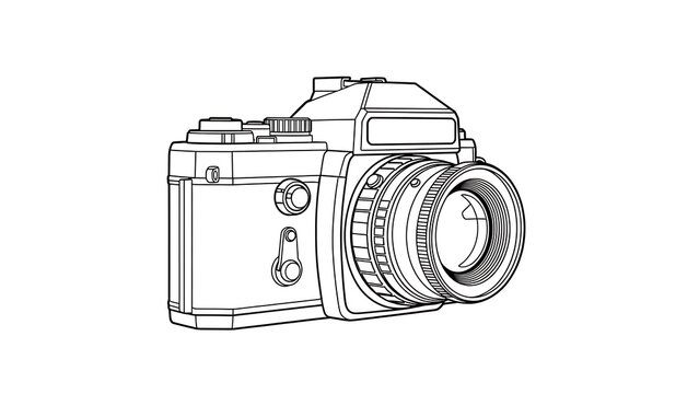 Minimalist Vintage Camera Black and White Line Sketch Illustration