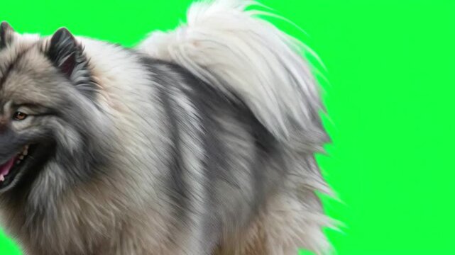 Fluffy dog running towards camera on green screen
