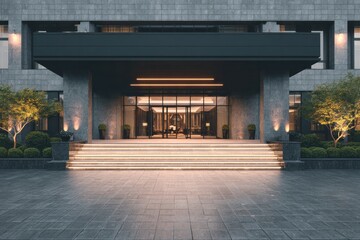 Elegant modern building entrance with illuminated stairs and manicured landscaping.