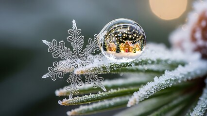 Macro view of a frost-covered pine needle and intricate snowflake, with a water droplet reflecting a cozy village, highlighting winter's delicate beauty