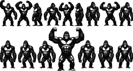 Set of powerful black gorilla and monkey silhouettes in various fighting and standing poses, symbolizing strength, masculinity, and wildlife. © Mst