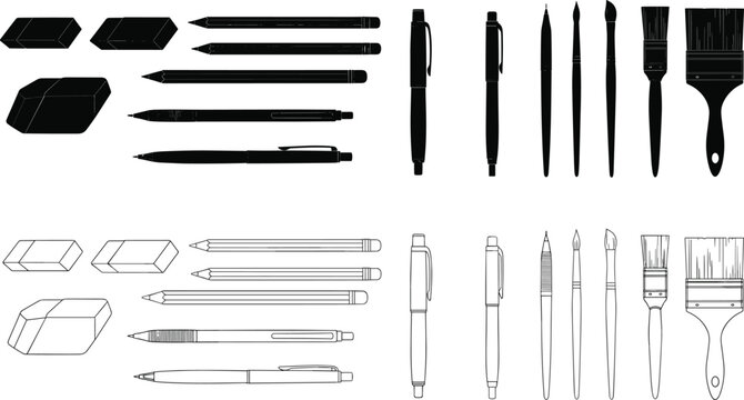 Collection of various black and white vector silhouettes and outline drawings of essential writing, drawing, and painting art tools