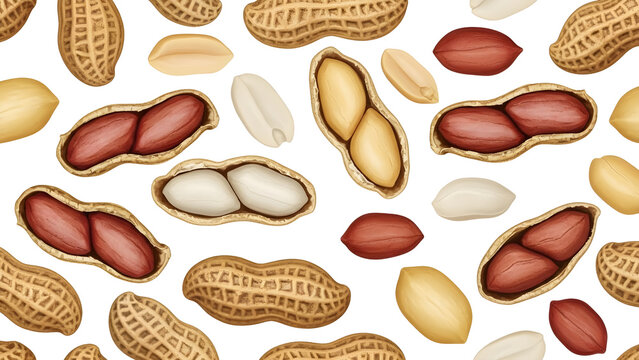Seamless pattern of peanuts in shells and shelled, isolated on white background, close-up view of nutritious snacks