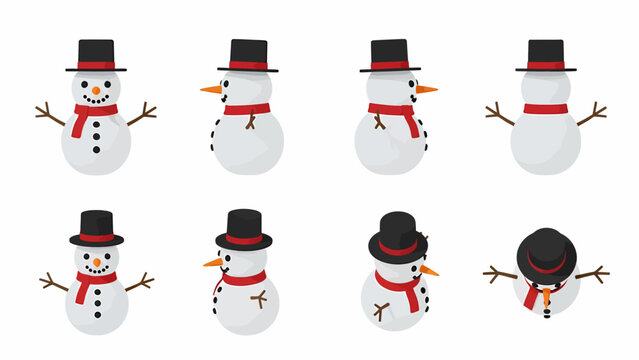 Cartoon snowman character in various poses and angles, including front, side, back, and top views, wearing a black top hat and red scarf, isolated on white background.