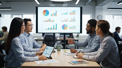 Business team collaborating on data analysis during an office meeting. - Powered by Adobe