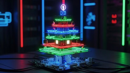 Layered Electronic Christmas Tree with Red, Green, and Blue Neon Lights on a Circuit Board Base