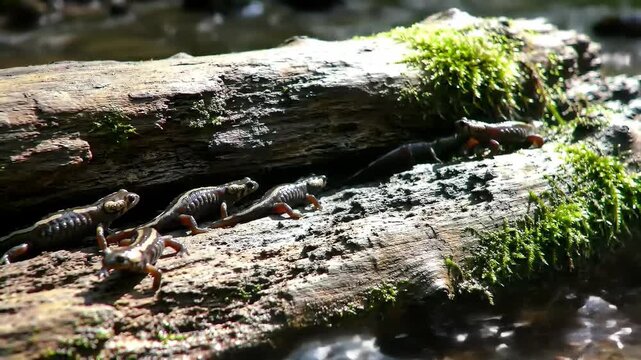 Group of salamanders on a mossy log by water. Amphibians, nature, wild, animals, wildlife, woods, environment.