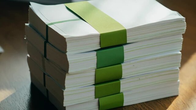 Stack of white paper sheets with green band document for office or business use wood table, showcasing organization, administration, productivity, paperwork, and information supply workplace