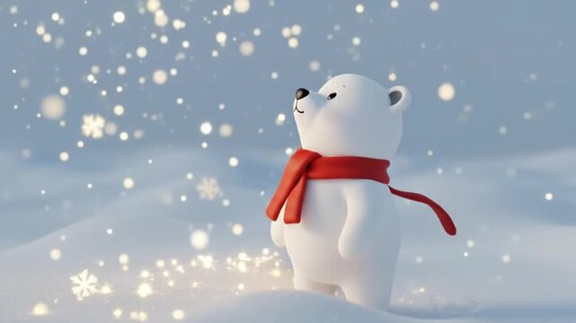 A cute white bear wearing a red scarf standing on snowy hills under a glowing winter sky with floating sparkles and gentle snowfall