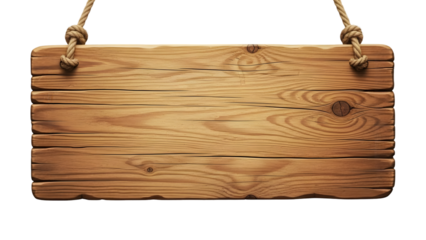 Rustic wooden sign with ropes for text or design isolated on transparent background