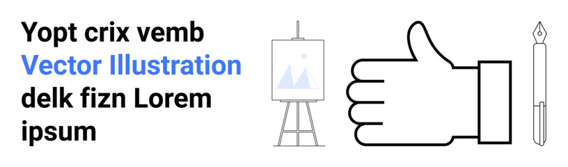 Art education, design tool, graphic creation, branding, approval, minimalism. Large hand outline with canvas and pen alongside text placeholder. Art education and design tool
