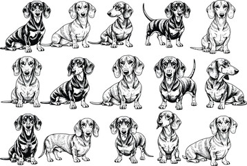Obraz premium Collection of various dachshund dog breeds in different poses and styles hand drawn sketch art illustration