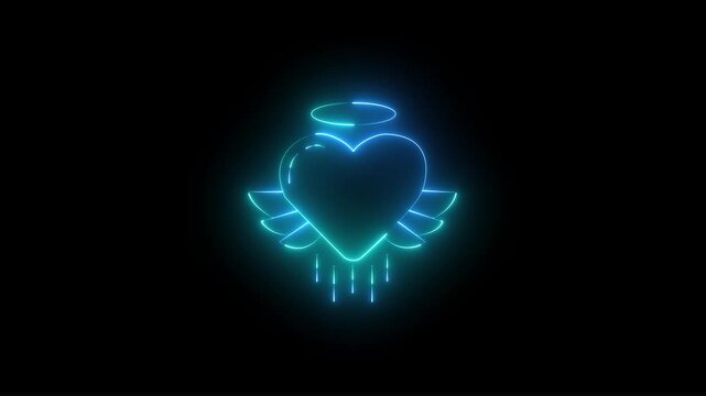 Glowing Neon Angel Heart with Wings and Halo on Black Background Representing Love, Protection, Care, Healing, and Spiritual Support.