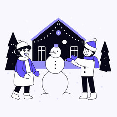 Kids Building a Snowman in Winter Night Vector Illustration