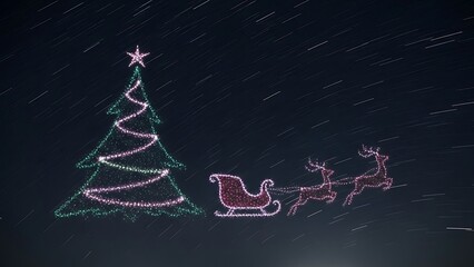 Christmas Tree and Sleigh Silhouette Made of Drone Lights in Starry Night Sky