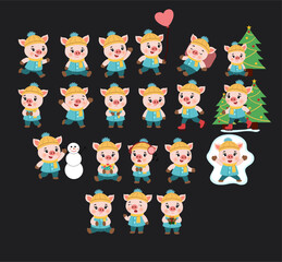 Cute Cartoon Winter Pig Characters Collection with Holiday Elements