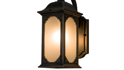 Antique outdoor lantern with glowing light isolated on transparent background