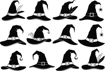 Obraz premium A collection of black silhouette witch hats with various designs for halloween