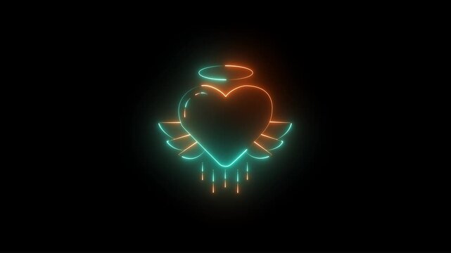 Glowing Neon Angel Heart with Wings and Halo on Black Background Representing Love, Protection, Care, Healing, and Spiritual Support.