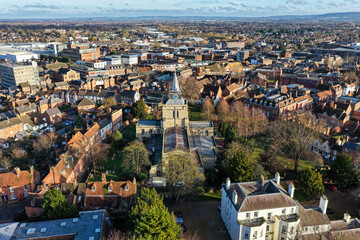 Aerial drone photography of the centre of Aylesbury town in Buckinghamshire, England. Featuring a...