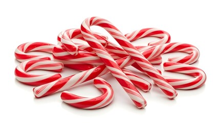 Pile of red and white striped candy canes on white background