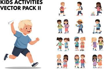 Naklejka premium Illustrated children characters engaging in various activities like playing, walking, and school trips.