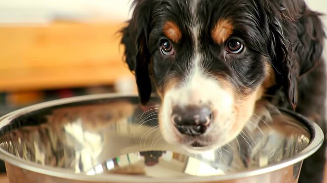 Cute Bernese Mountain Dog puppy with water bowl, indoors, animal care.