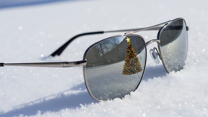 Reflection of a Decorated Christmas Tree in Sunglasses Lying in the Snow