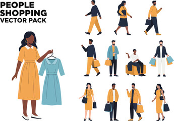 Fototapeta premium A diverse collection of people shopping illustrations perfect for retail and fashion themes
