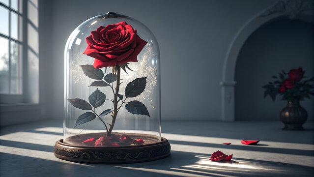 Enchanted red rose under glass dome, symbol of beauty and the beast, romantic still life