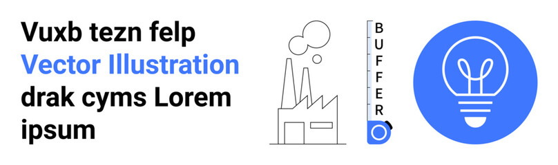 Technology, creativity, energy efficiency, industrial revolution, modern thinking, design inspiration. Black-and-white factory icon and a blue lightbulb graphic. Technology and creativity