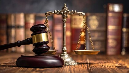 Close-up of justice symbols gavel, scales, and books