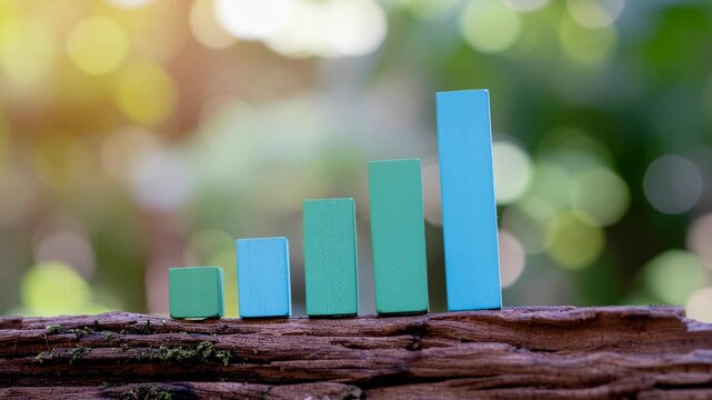 Environmental growth and governance concept with green and blue wooden blocks illustrating social progress, sustainable business impact, and nature focused bar chart for positive development
